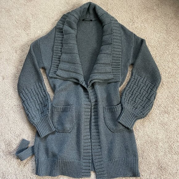 Elie Tahari Double Shawl Collar Midi Balloon Sleeve Cardigan Gray Thick Womens L - Picture 2 of 7